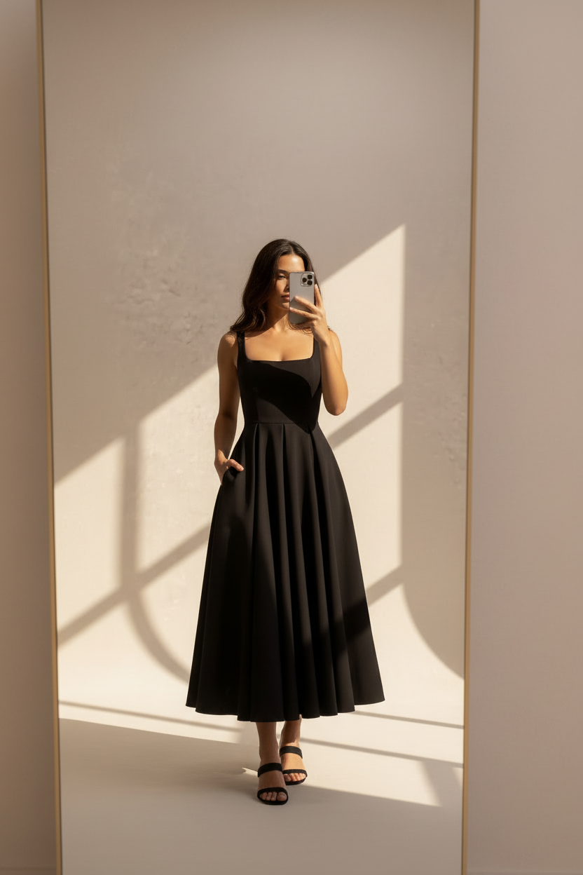 Black Square Neck Midi Dress