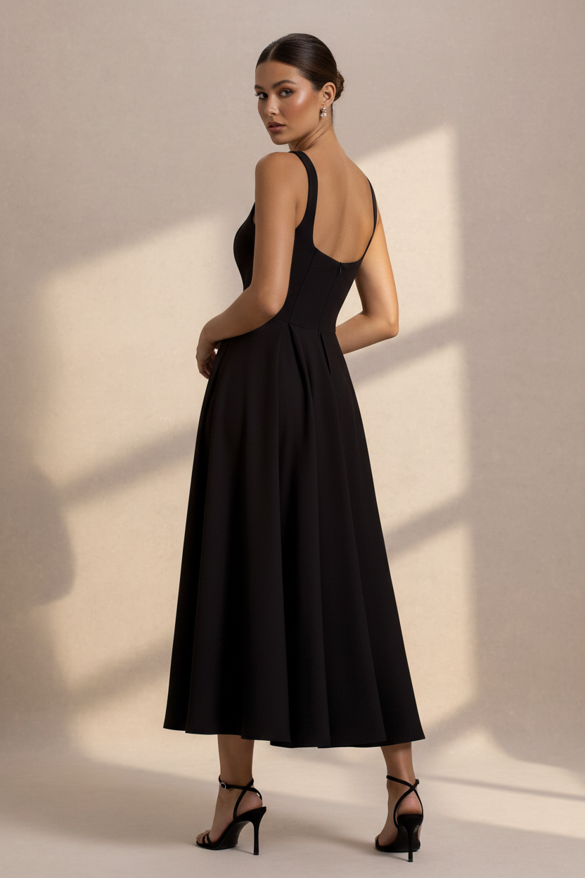 Black Square Neck Midi Dress