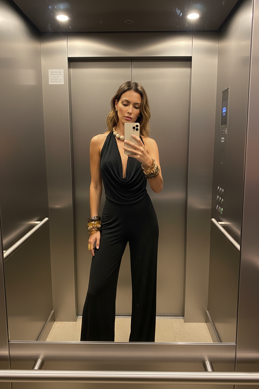 Black Plunge Neck Jumpsuit