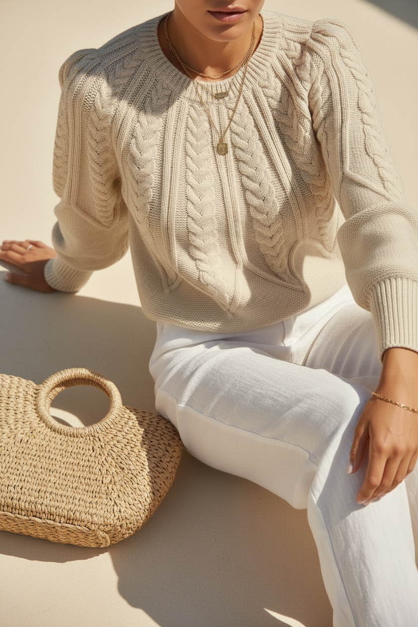 Cable Knit Puff Sleeve Sweater
