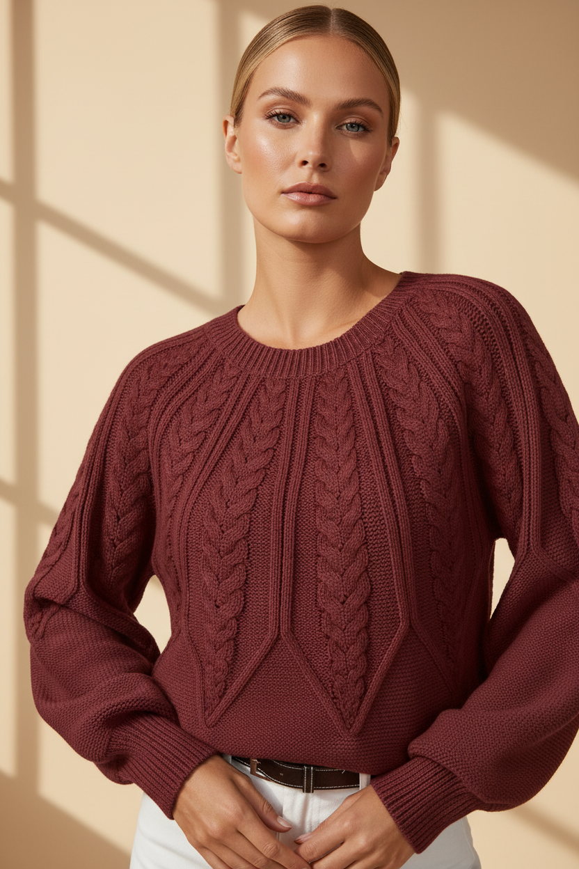 Cable Knit Puff Sleeve Sweater