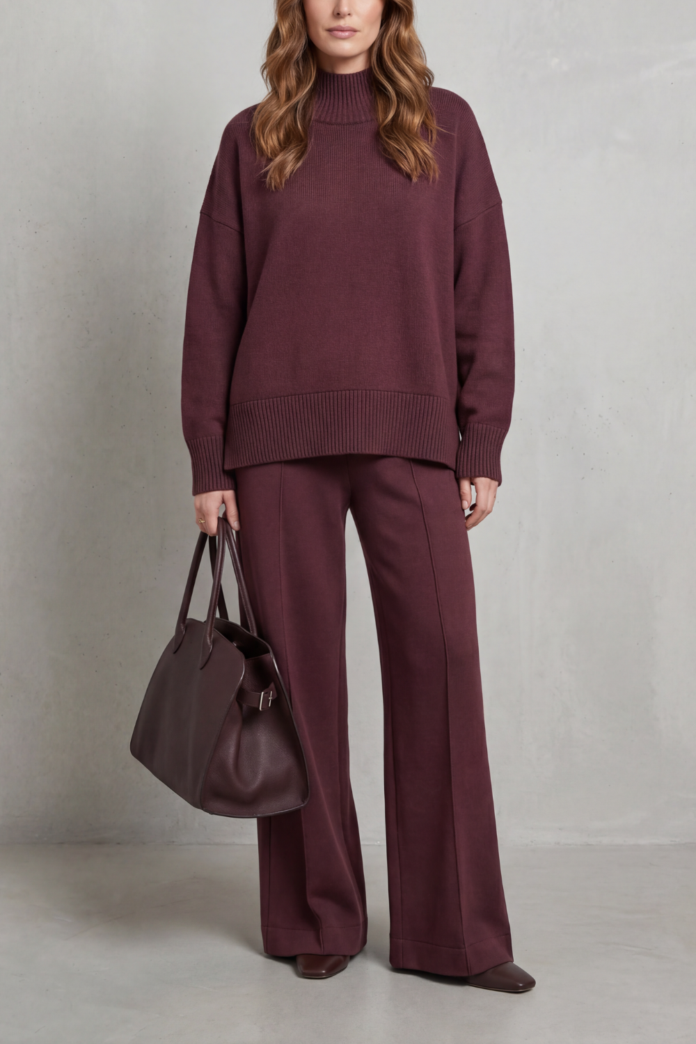 Knit Co-Ord Set Burgundy Wide-Leg Mock Neck Long Sleeve for Women