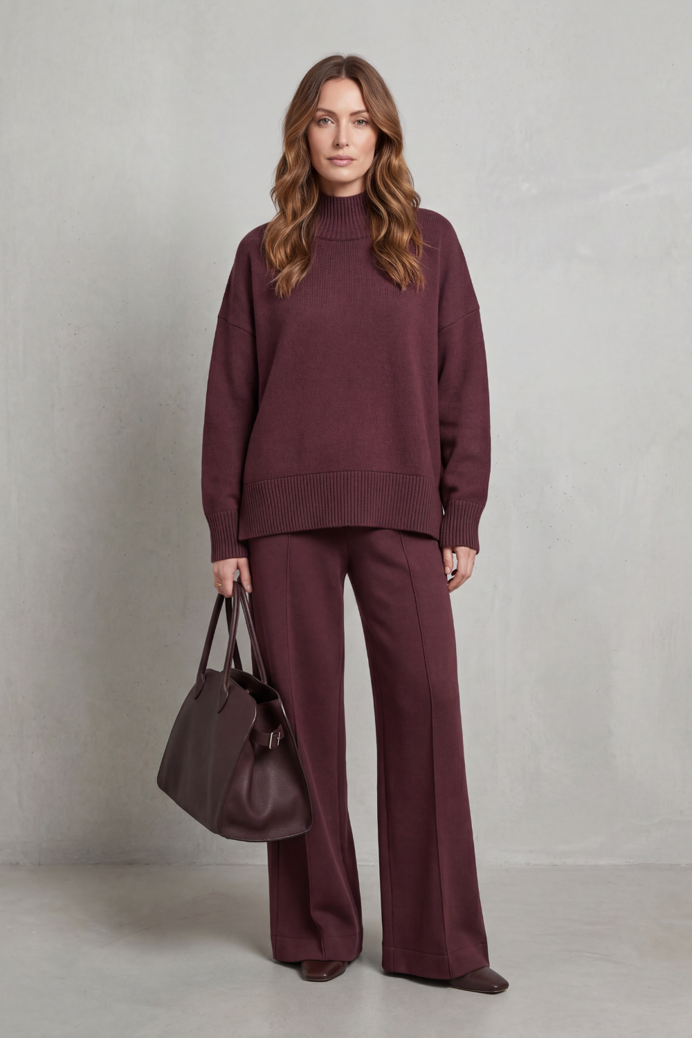 Knit Co-Ord Set Burgundy Wide-Leg Mock Neck Long Sleeve for Women