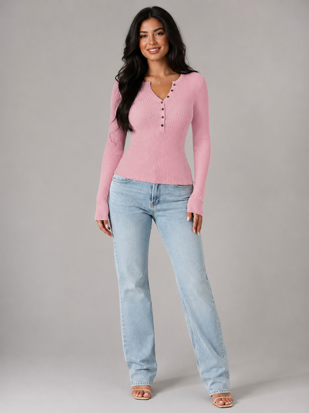 Ribbed Henley Button Knit Top