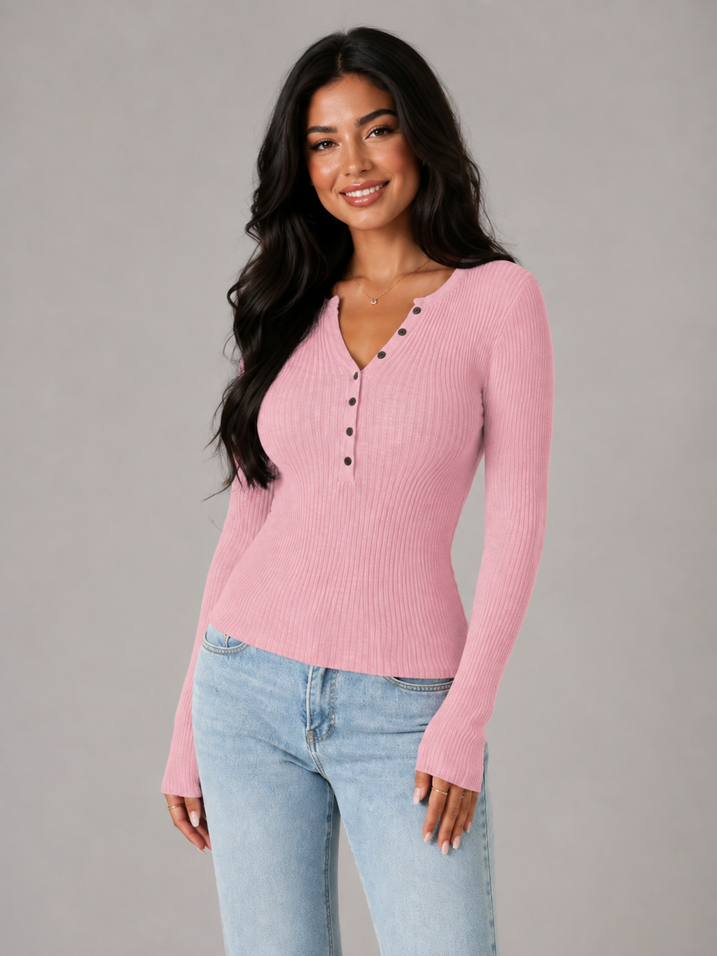 Ribbed Henley Button Knit Top