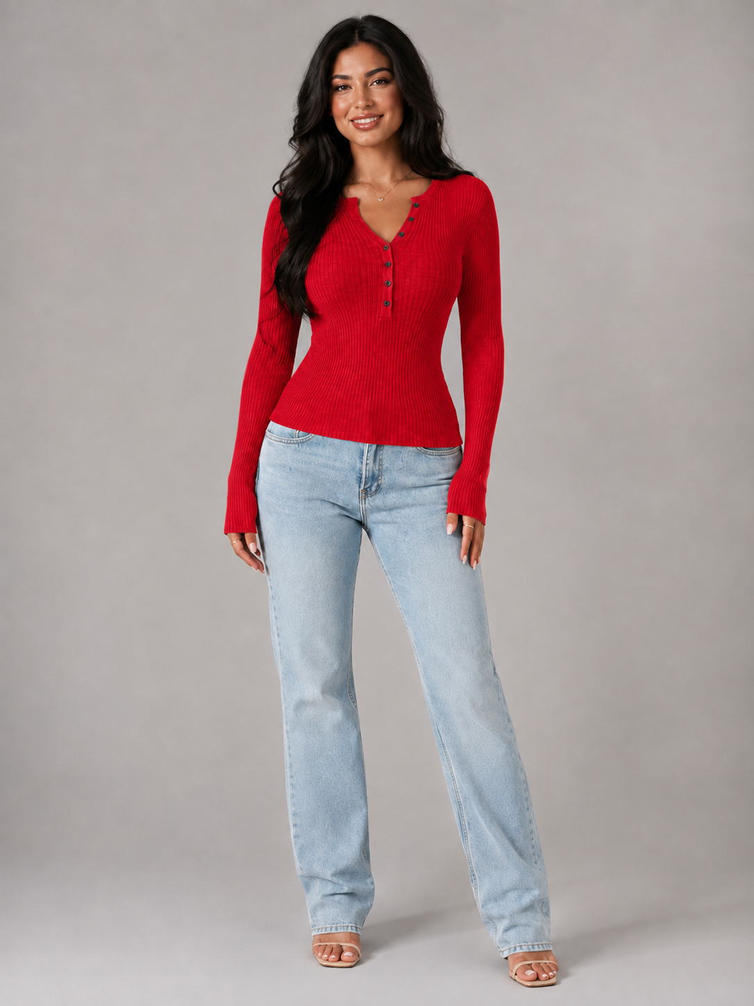 Ribbed Henley Button Knit Top