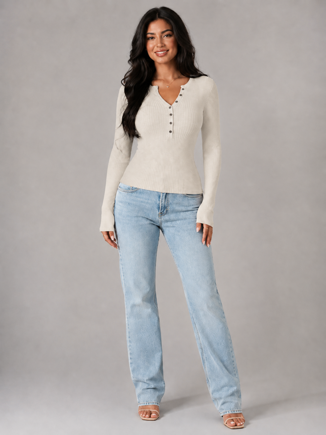 Ribbed Henley Button Knit Top