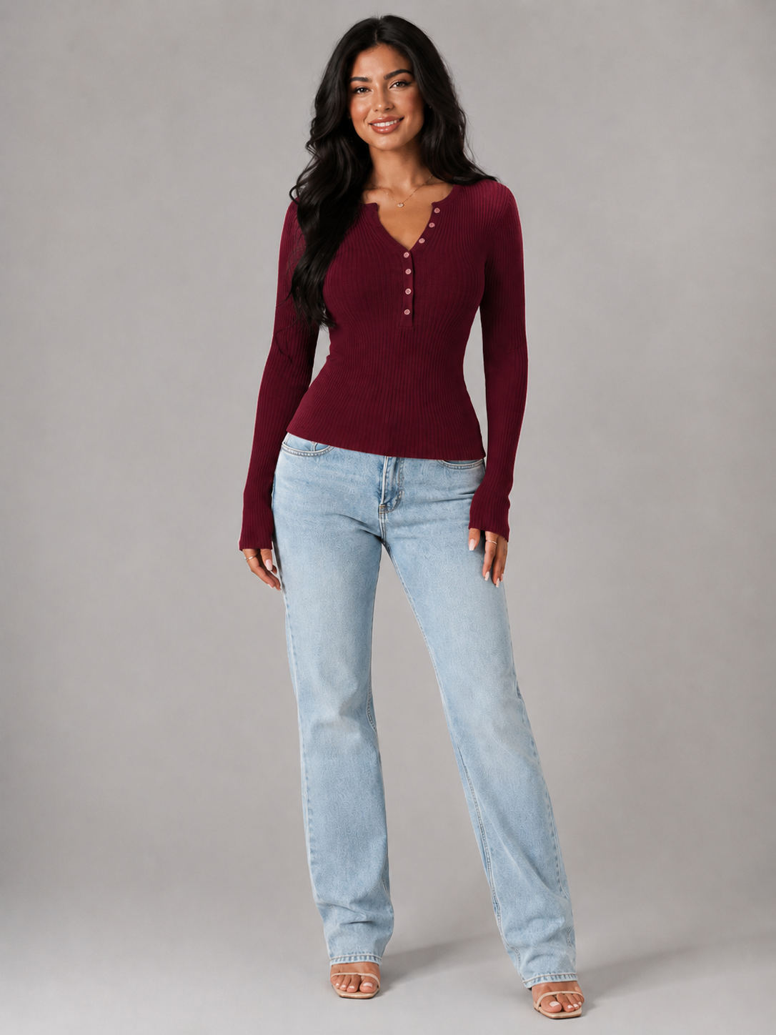 Ribbed Henley Button Knit Top