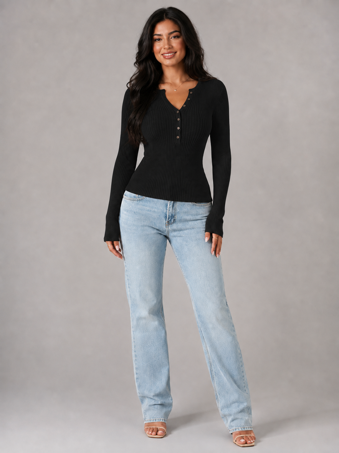 Ribbed Henley Button Knit Top
