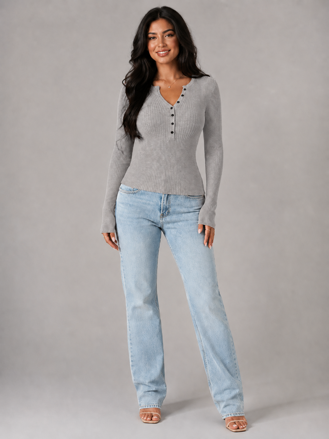 Ribbed Henley Button Knit Top