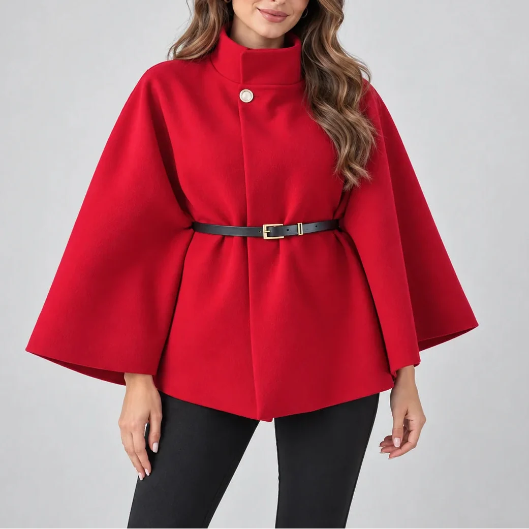 Women's Elegant High Neck Cape Coat – Belted Wool Look Jacket