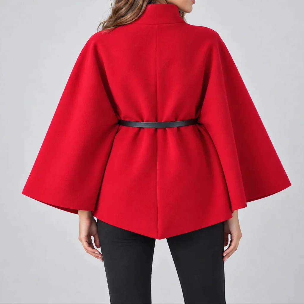 Women's Elegant High Neck Cape Coat – Belted Wool Look Jacket