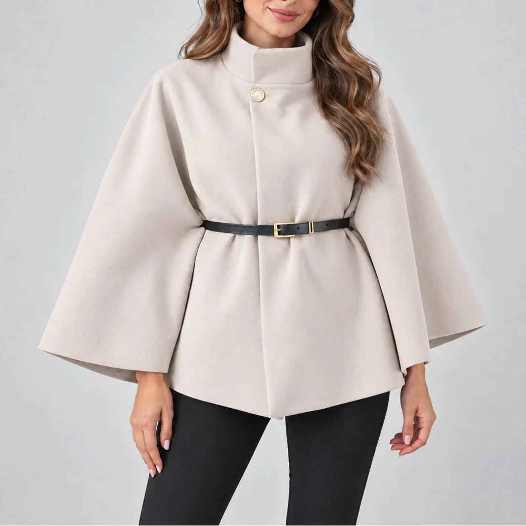 Women's Elegant High Neck Cape Coat – Belted Wool Look Jacket