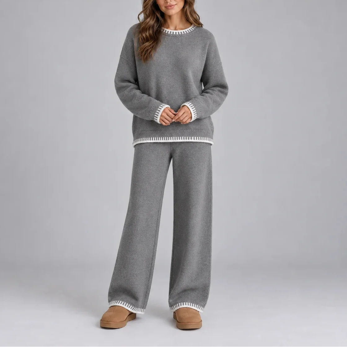 Women's Knitted Winter Lounge Set – Contrast Trim Sweater & Wide Leg Pants