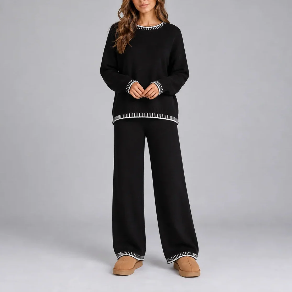 Women's Knitted Winter Lounge Set – Contrast Trim Sweater & Wide Leg Pants