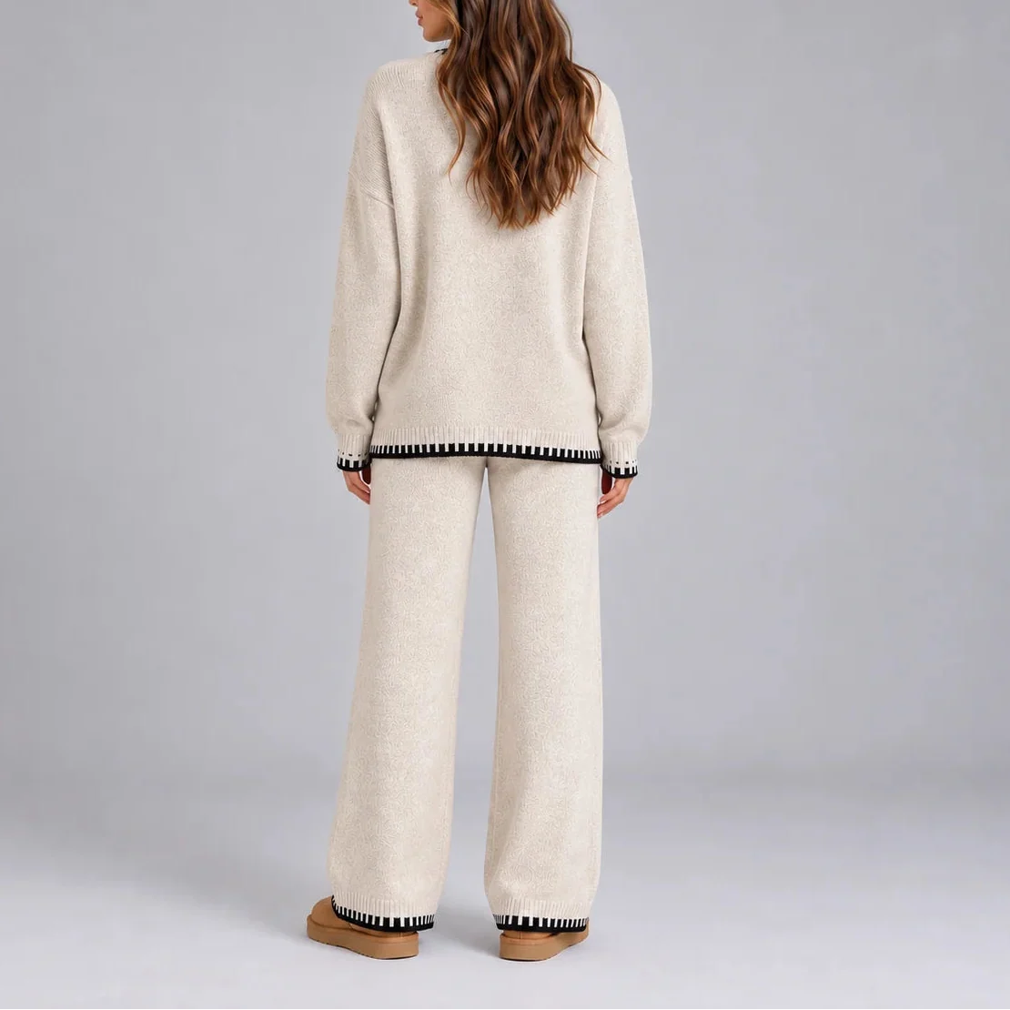 Women's Knitted Winter Lounge Set – Contrast Trim Sweater & Wide Leg Pants