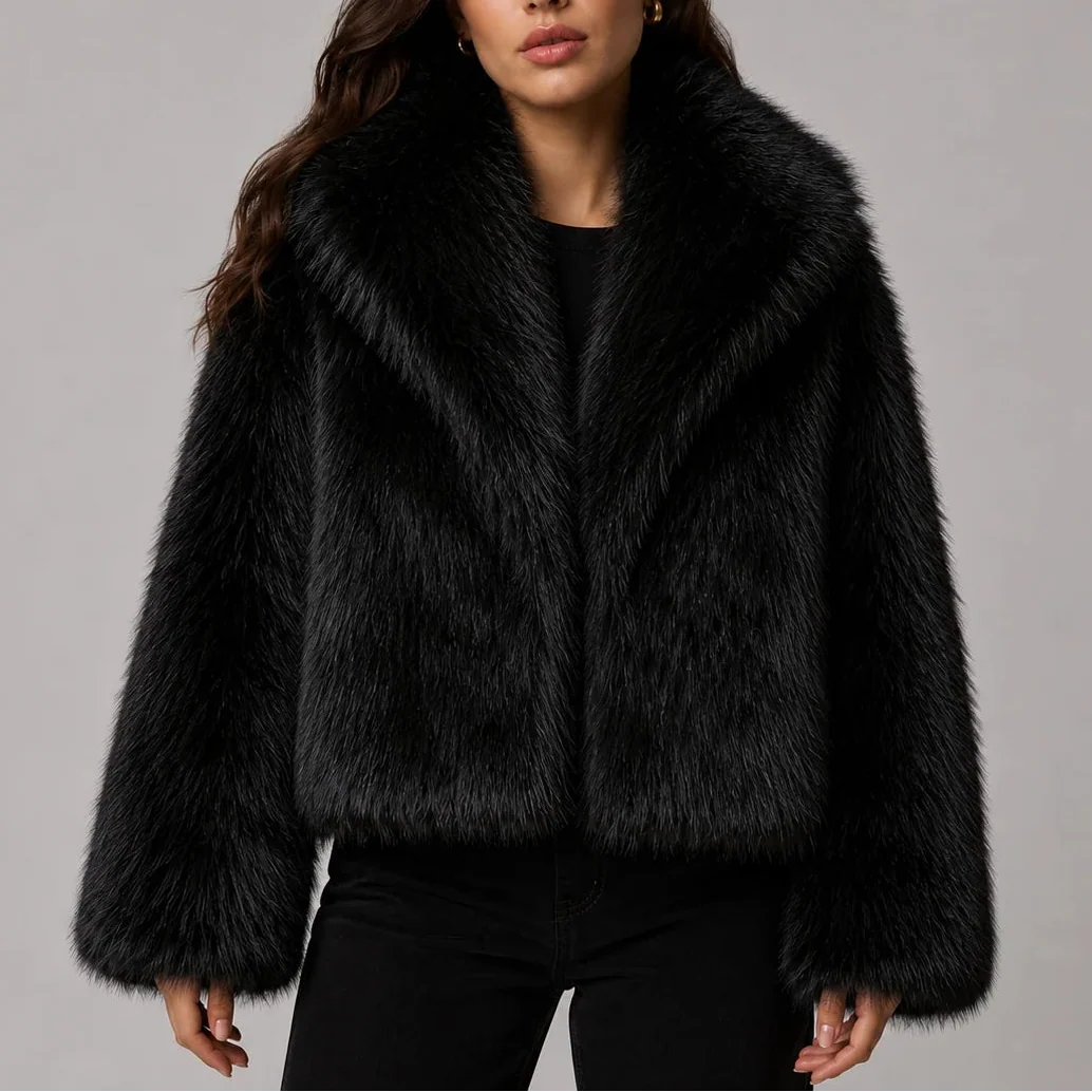 Women’s Cropped Faux Fur Jacket with Oversized Collar