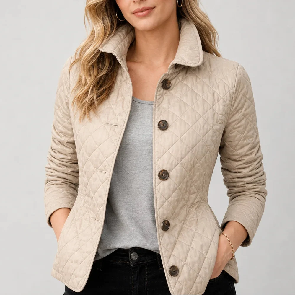 Women’s Quilted Jacket - Button-Up Lightweight Coat with Stand Collar