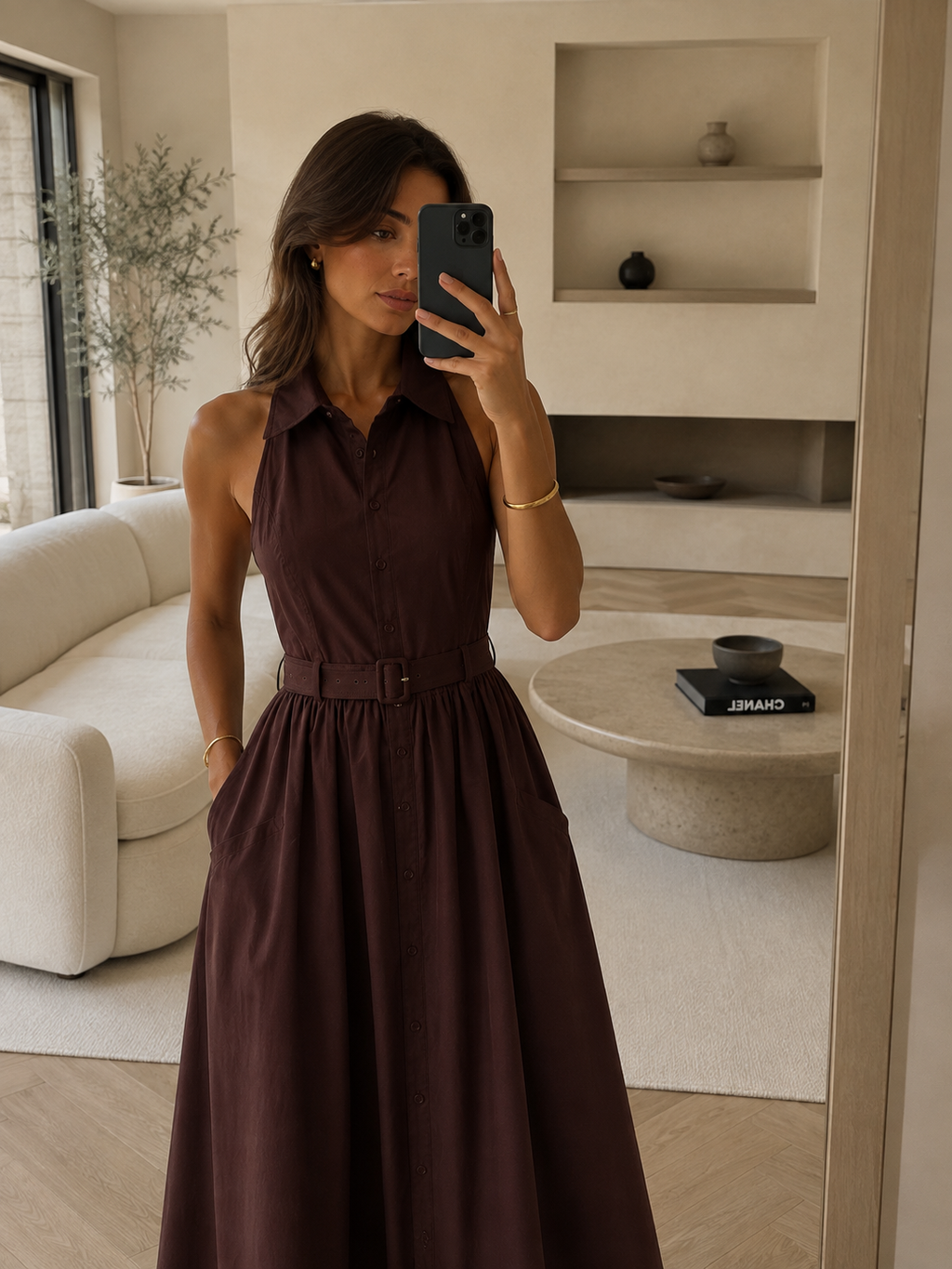 Brown Belted Collared Maxi Dress