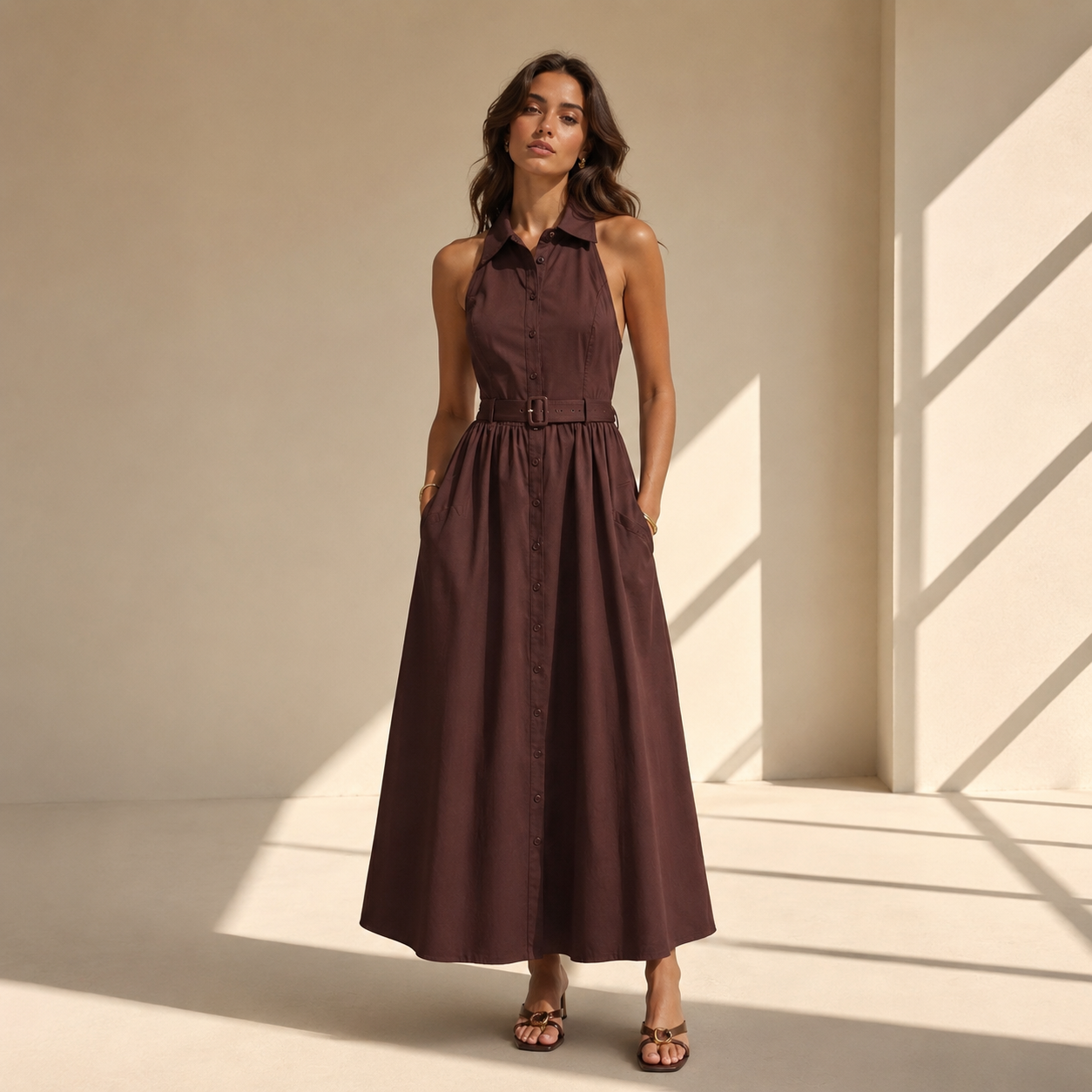 Brown Belted Collared Maxi Dress