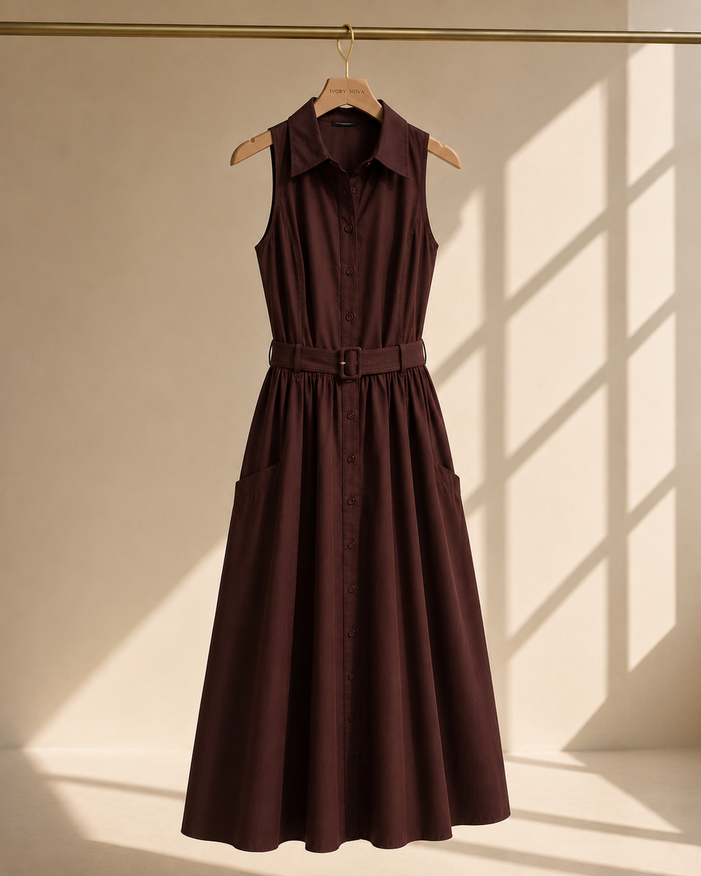 Brown Belted Collared Maxi Dress