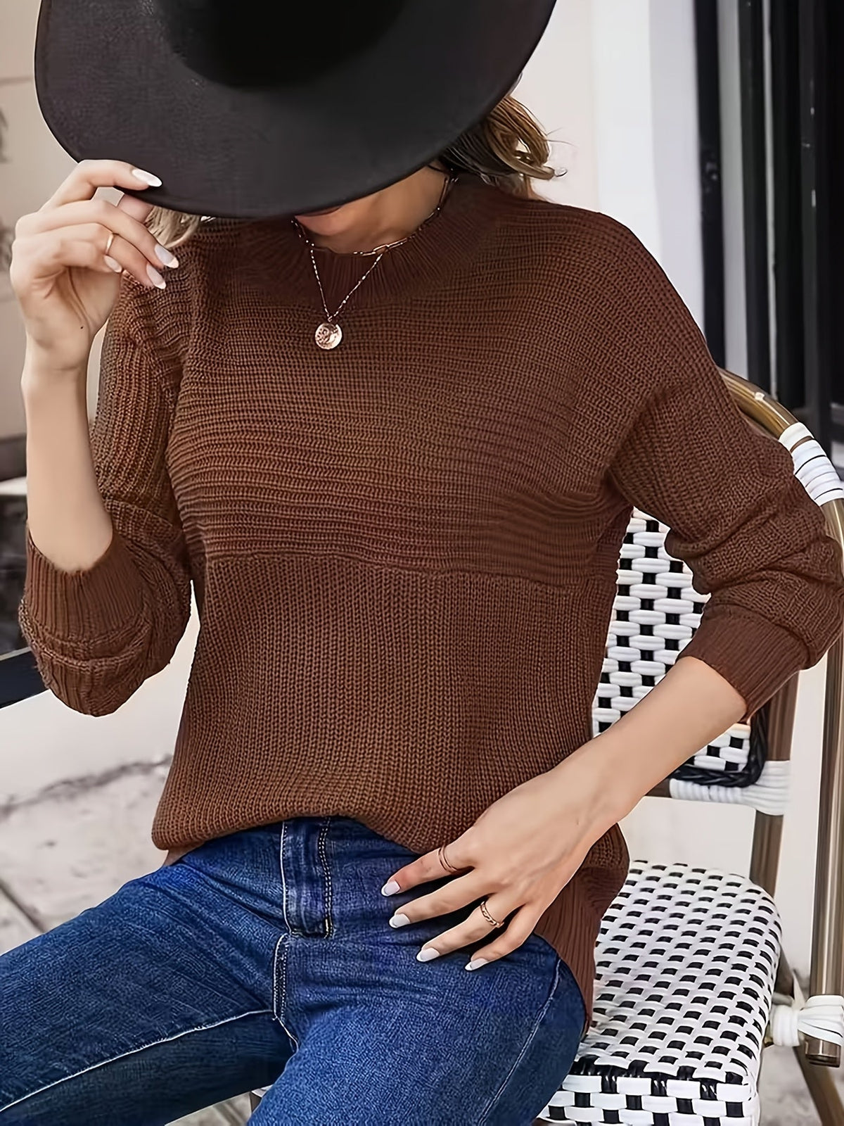 Cosy Oversized Crew Neck Knit Sweater with Side Slits