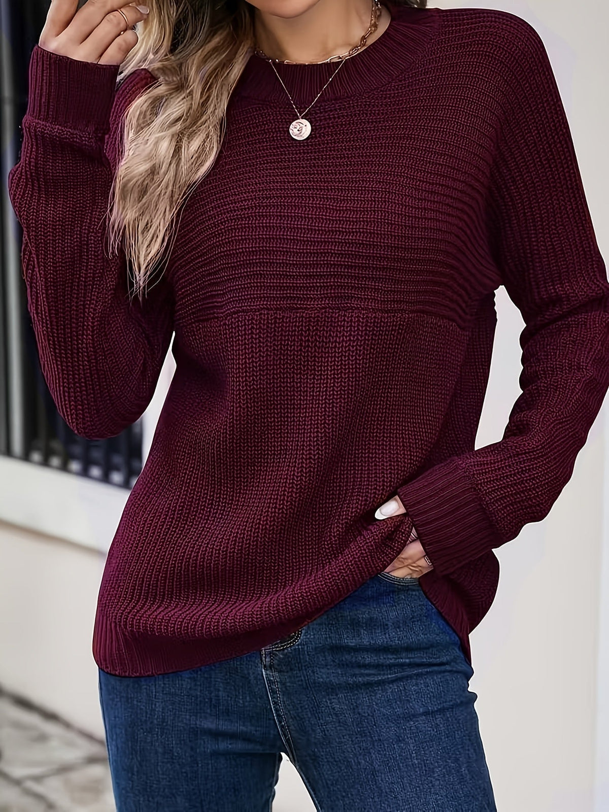 Cosy Oversized Crew Neck Knit Sweater with Side Slits