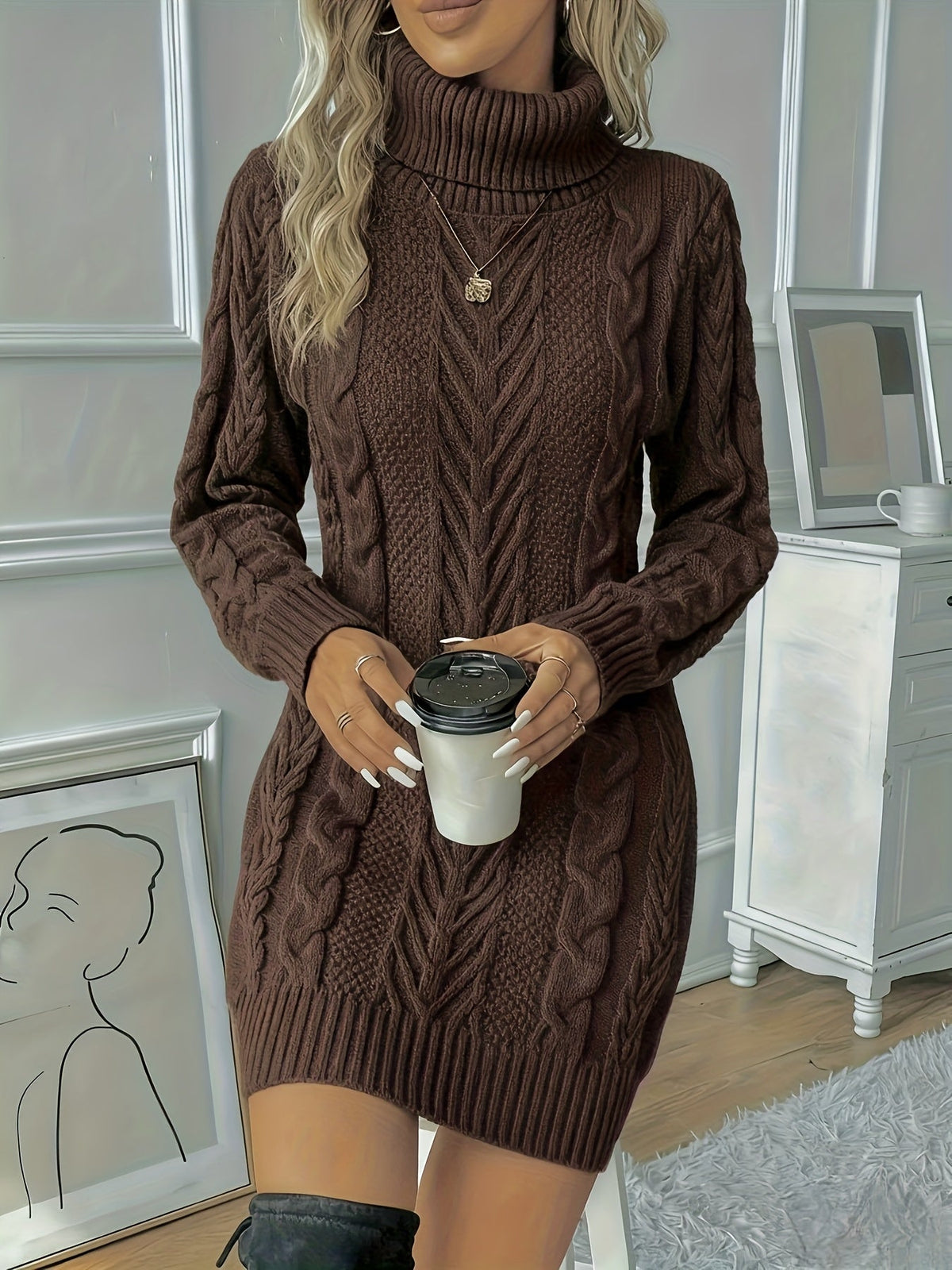 Cable Knit Turtleneck Mini Dress