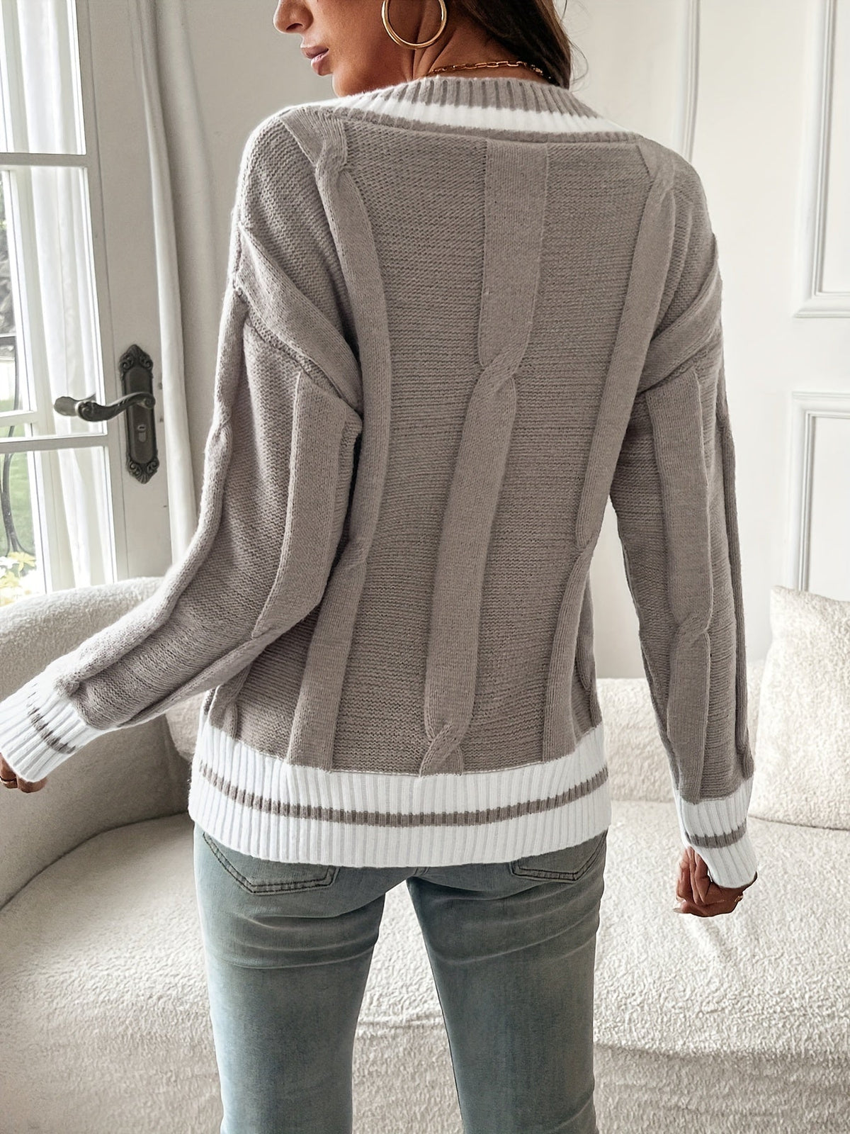Cosy V-Neck Knit Sweater with Stripe Trim and Cable Detail