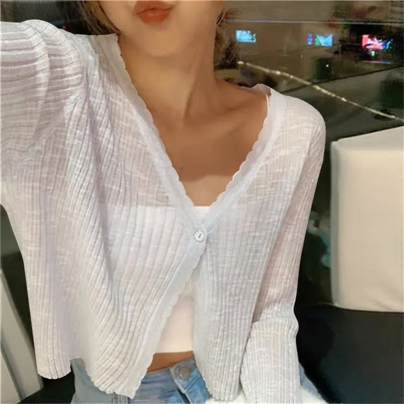 Cropped Ribbed V-Neck Cardigan