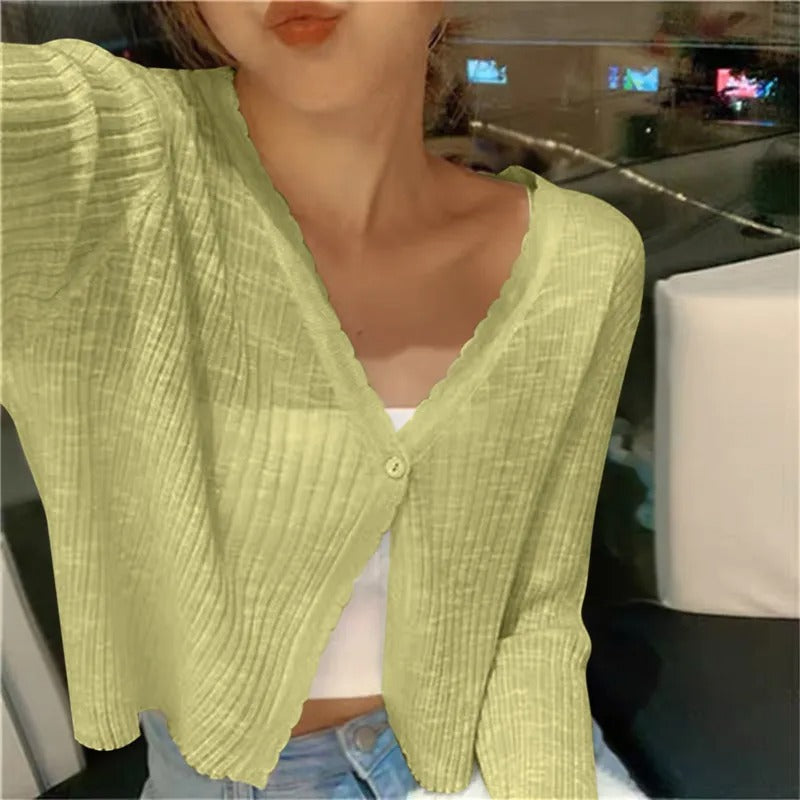 Cropped Ribbed V-Neck Cardigan