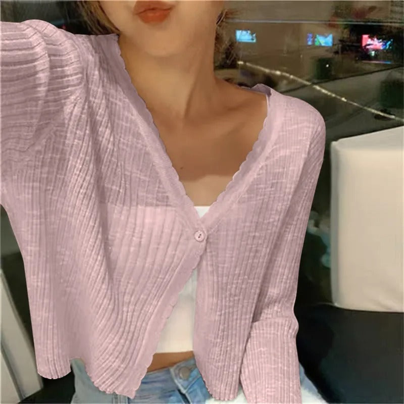 Cropped Ribbed V-Neck Cardigan