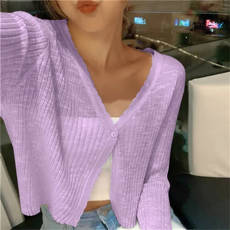 Cropped Ribbed V-Neck Cardigan