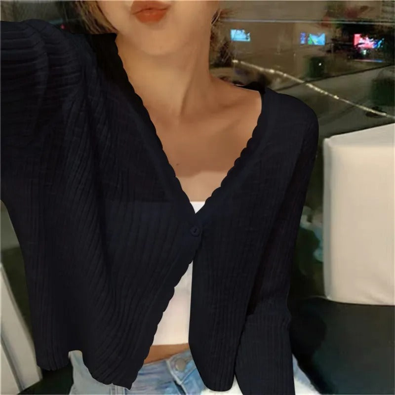 Cropped Ribbed V-Neck Cardigan