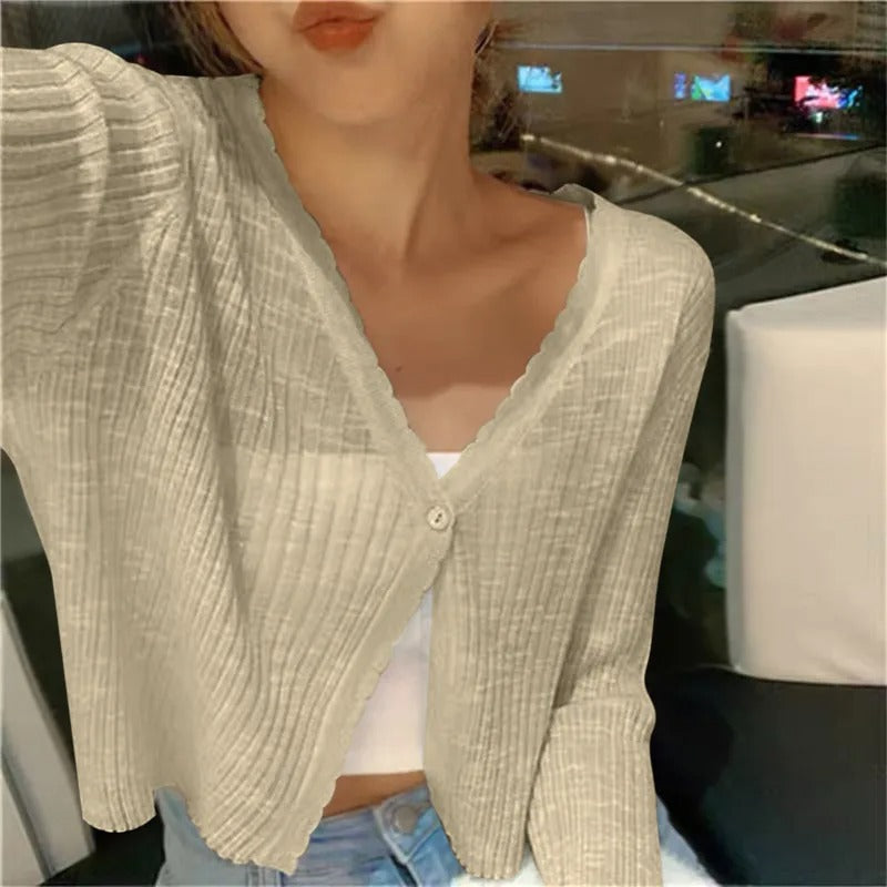 Cropped Ribbed V-Neck Cardigan