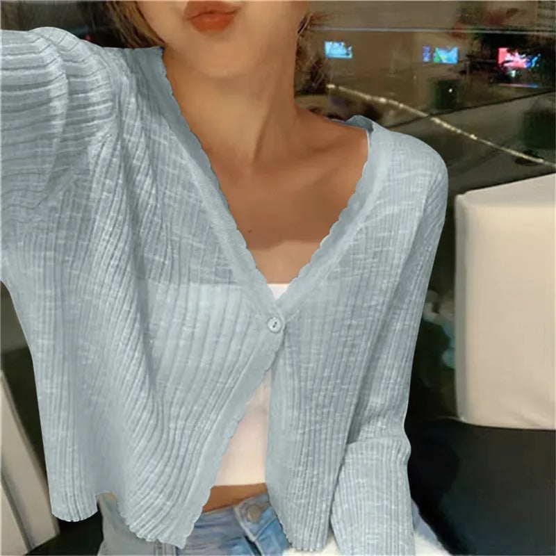 Cropped Ribbed V-Neck Cardigan