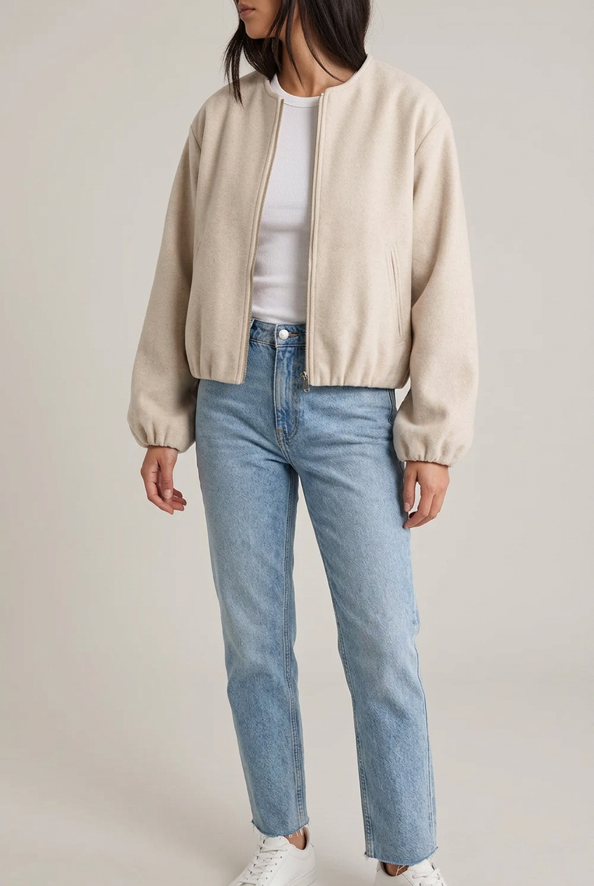 Cropped Relaxed Bomber Jacket with Elasticated Hem and Cuffs