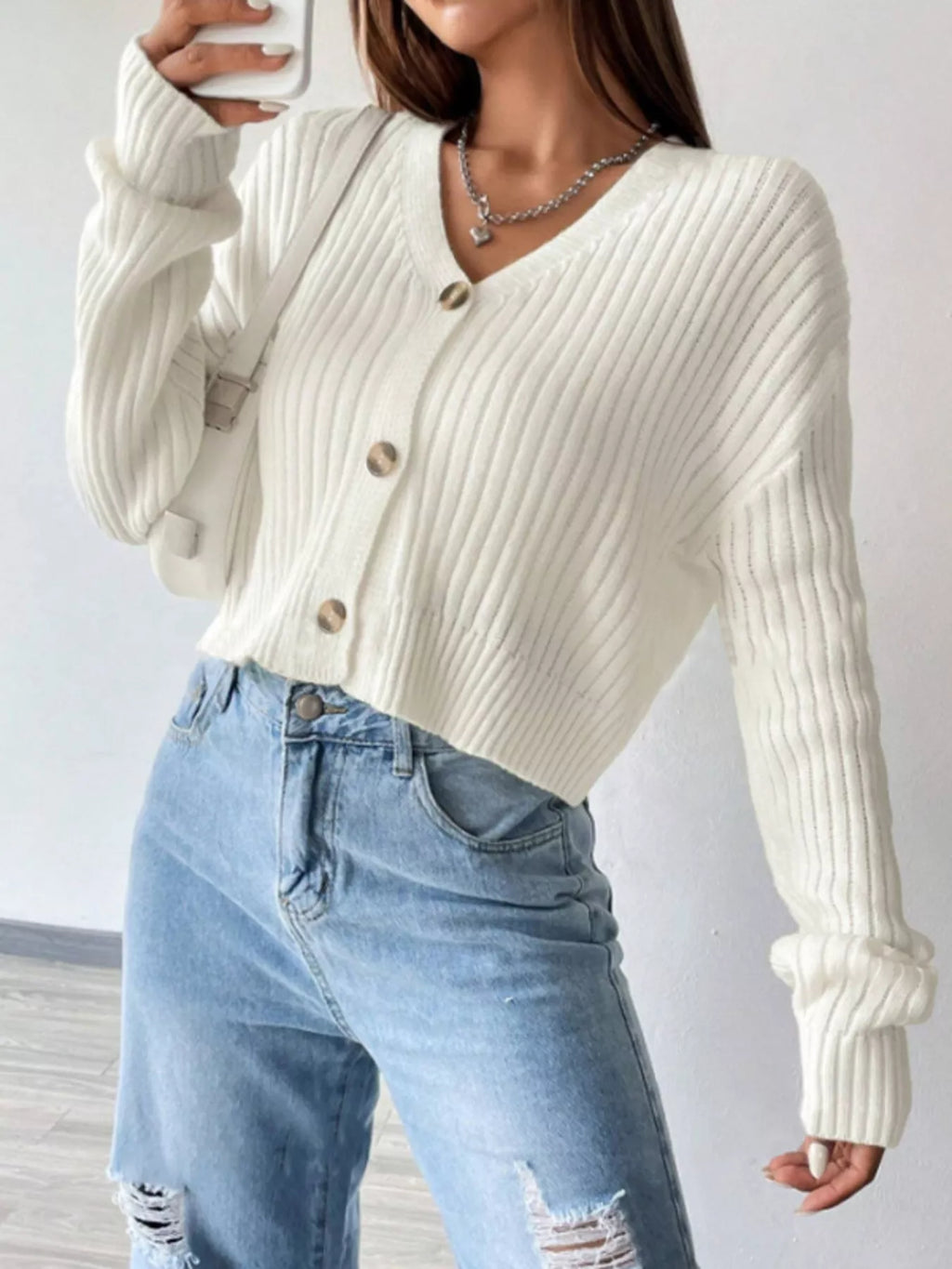 Cropped Ribbed V-Neck Knit Cardigan