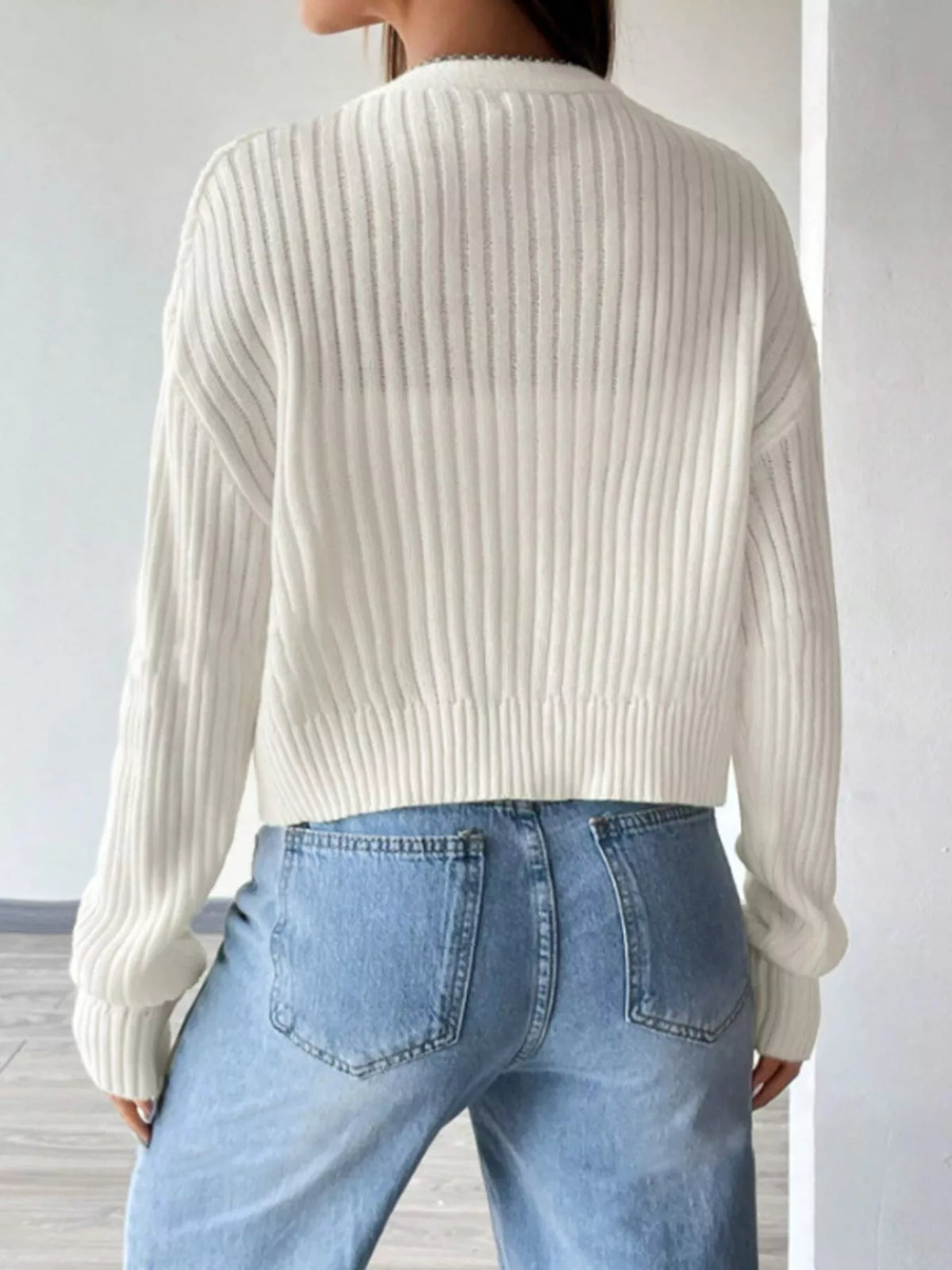 Cropped Ribbed V-Neck Knit Cardigan