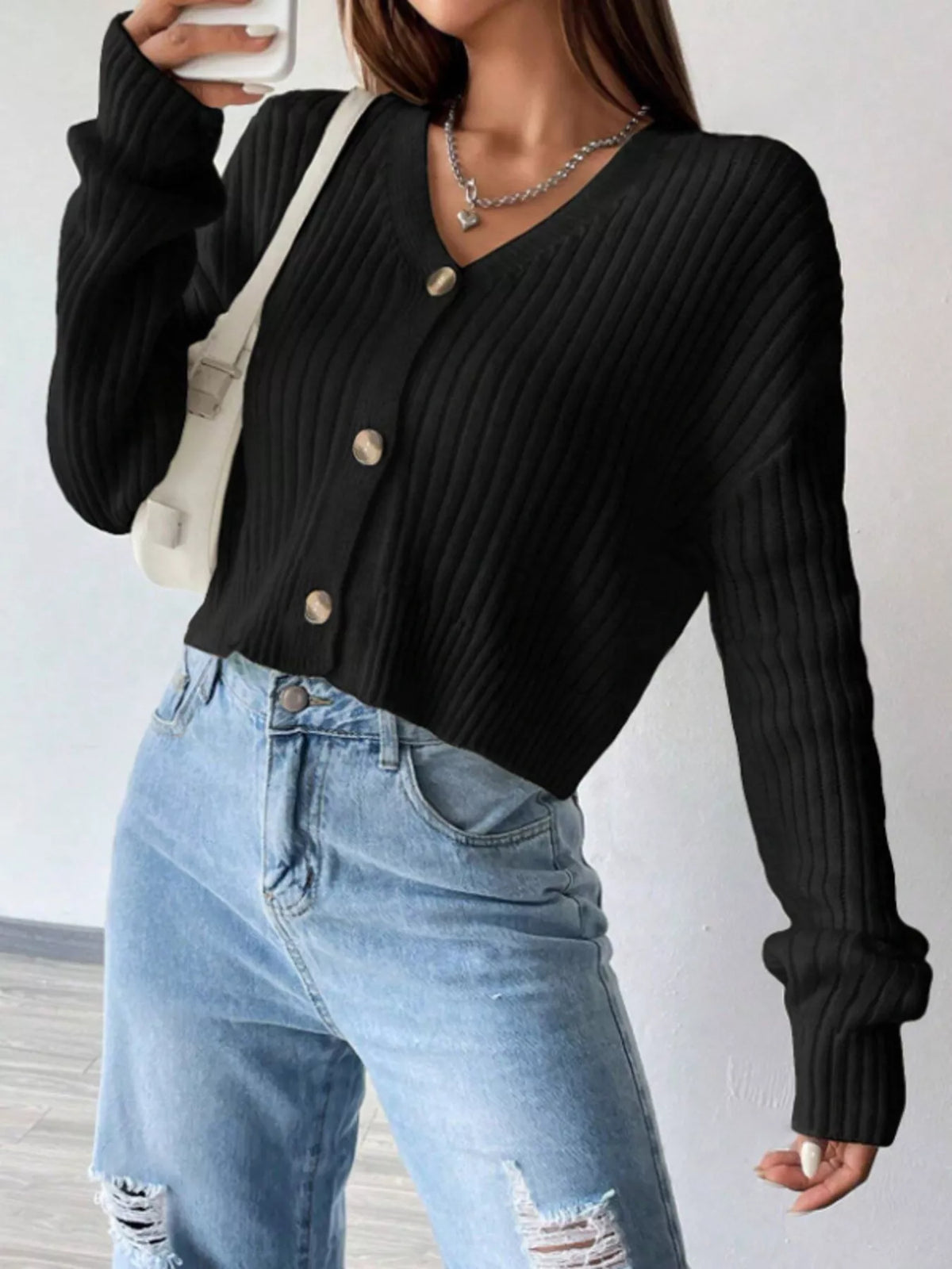 Cropped Ribbed V-Neck Knit Cardigan