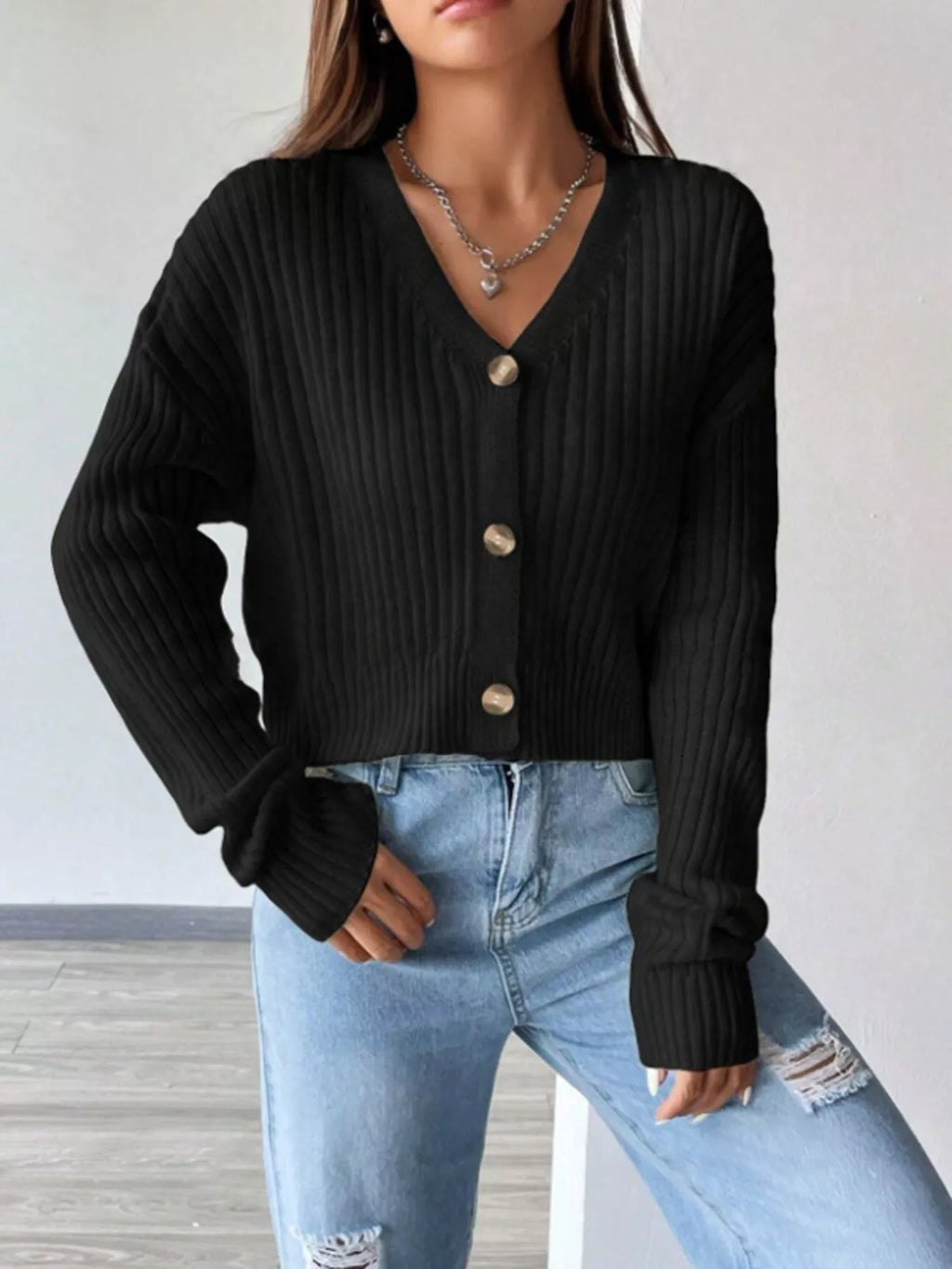 Cropped Ribbed V-Neck Knit Cardigan