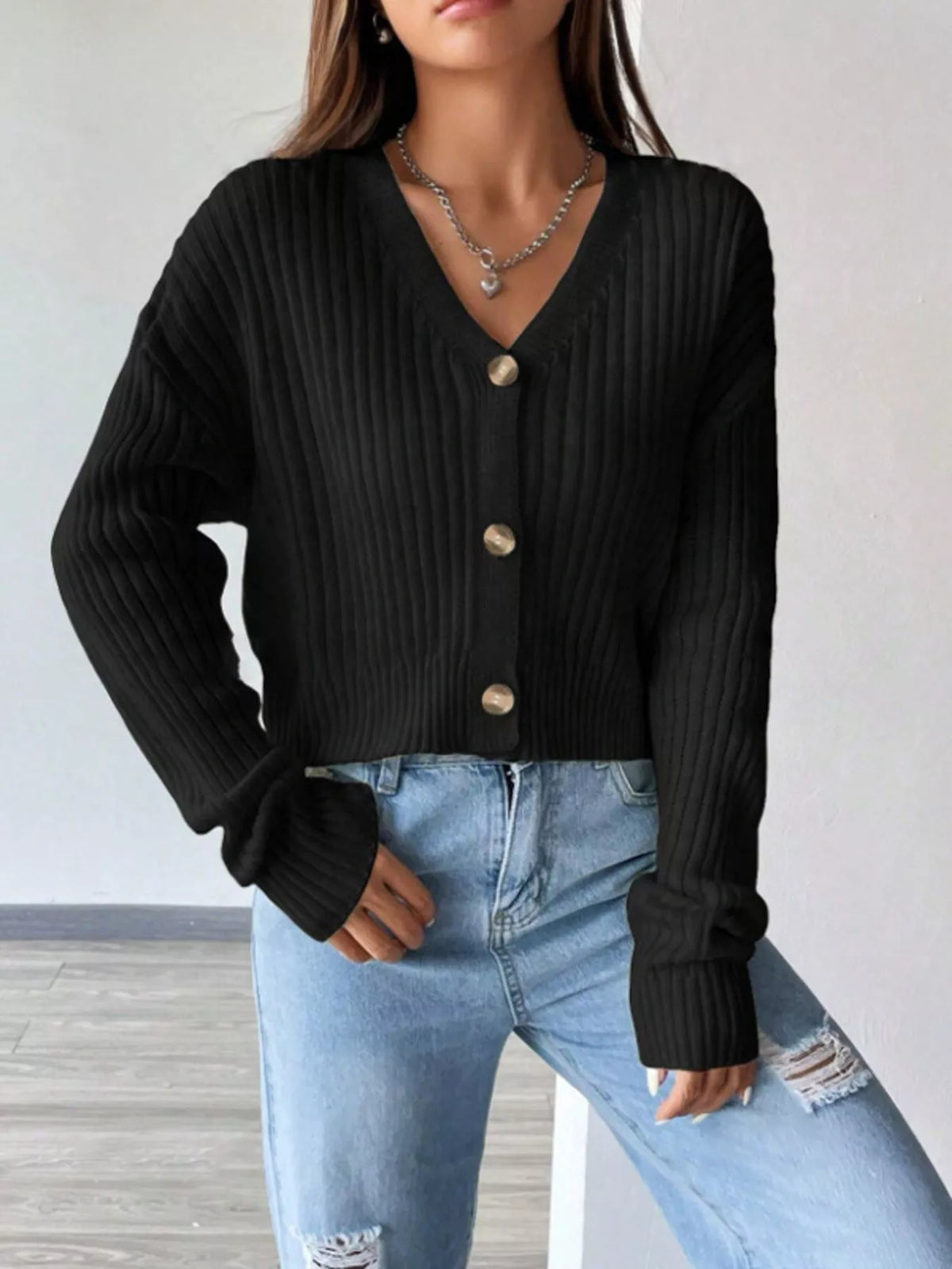Cropped Ribbed V-Neck Knit Cardigan