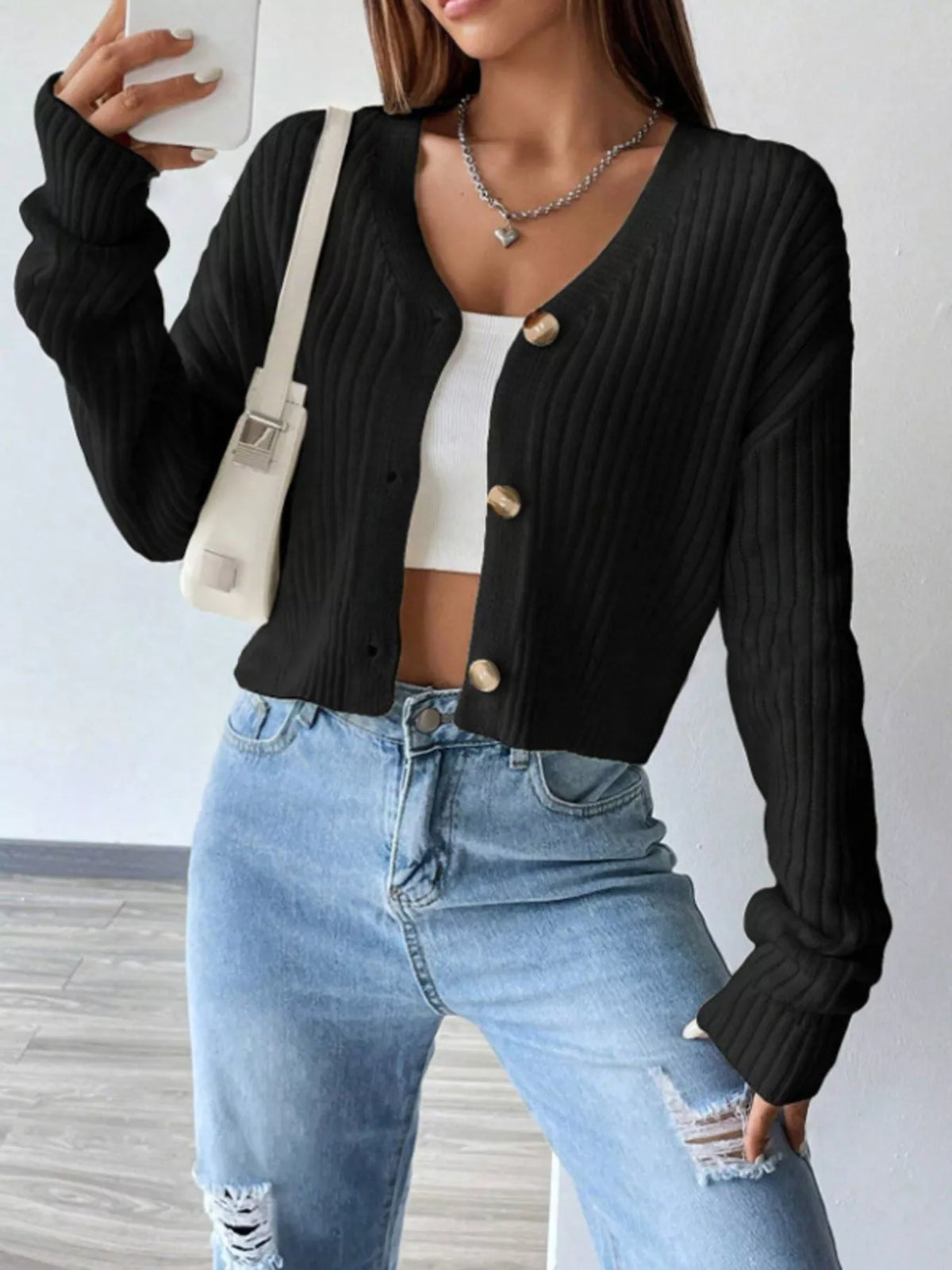 Cropped Ribbed V-Neck Knit Cardigan