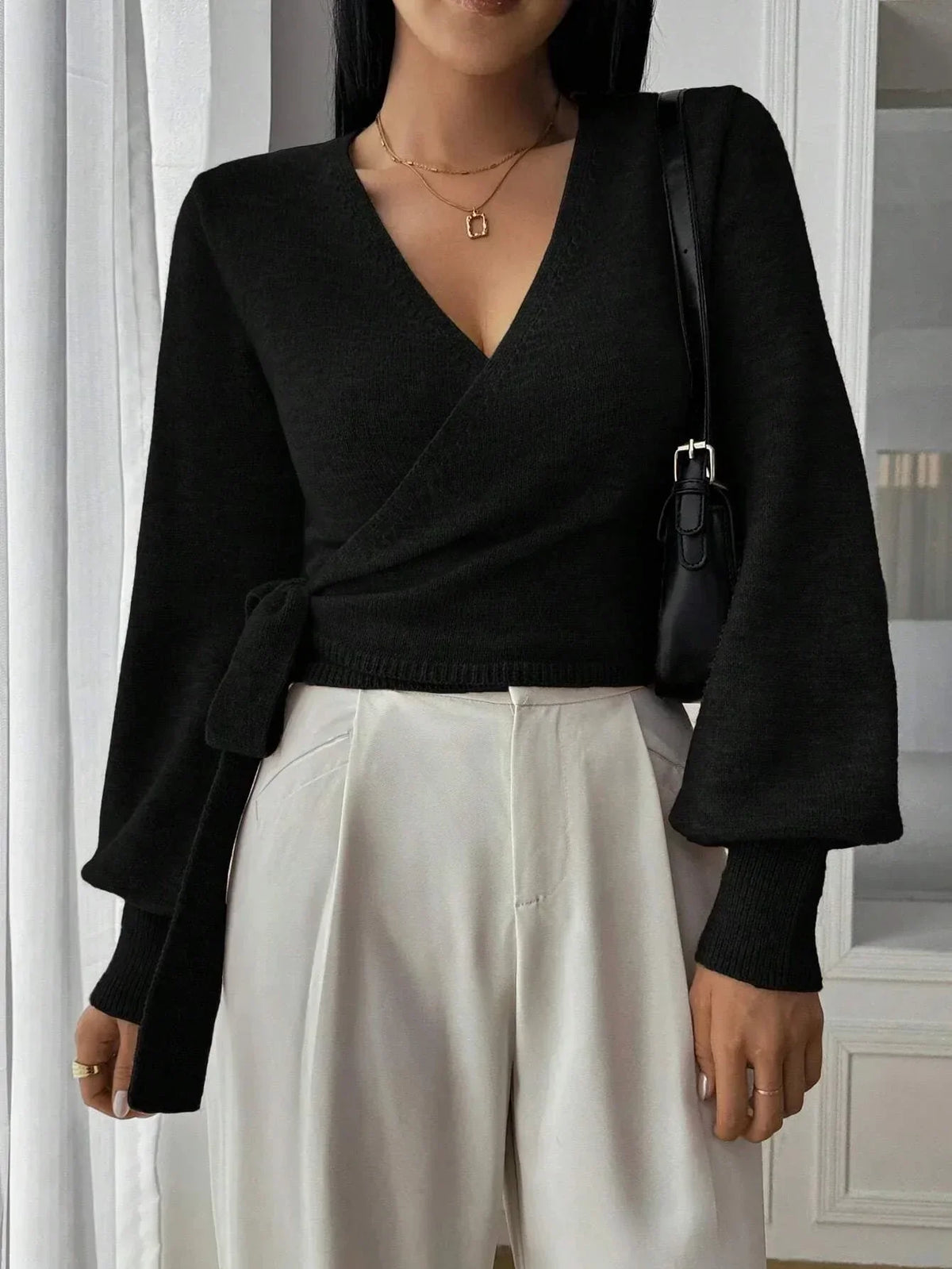 Wrap Tie Waist Knit Sweater
