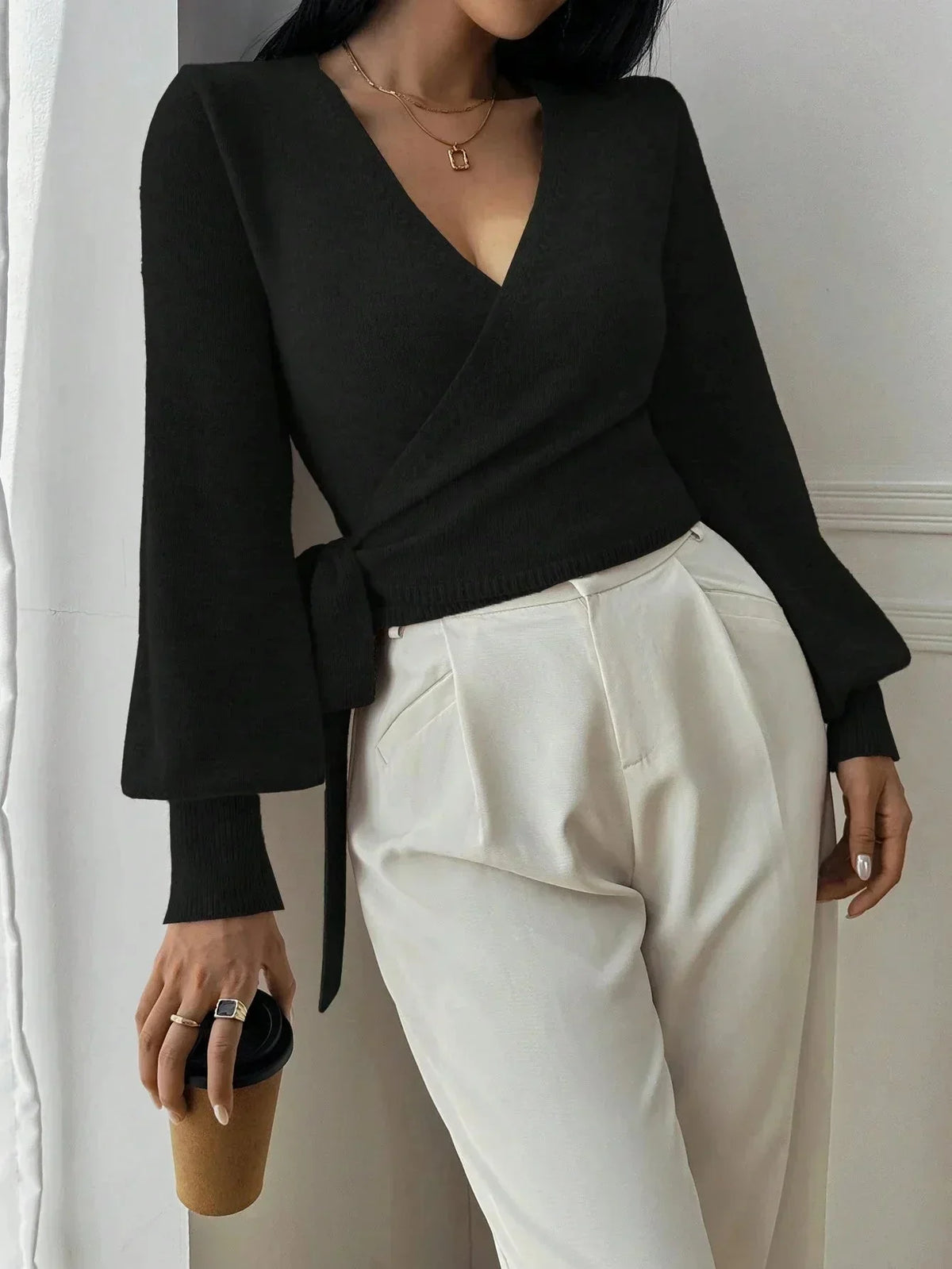 Wrap Tie Waist Knit Sweater