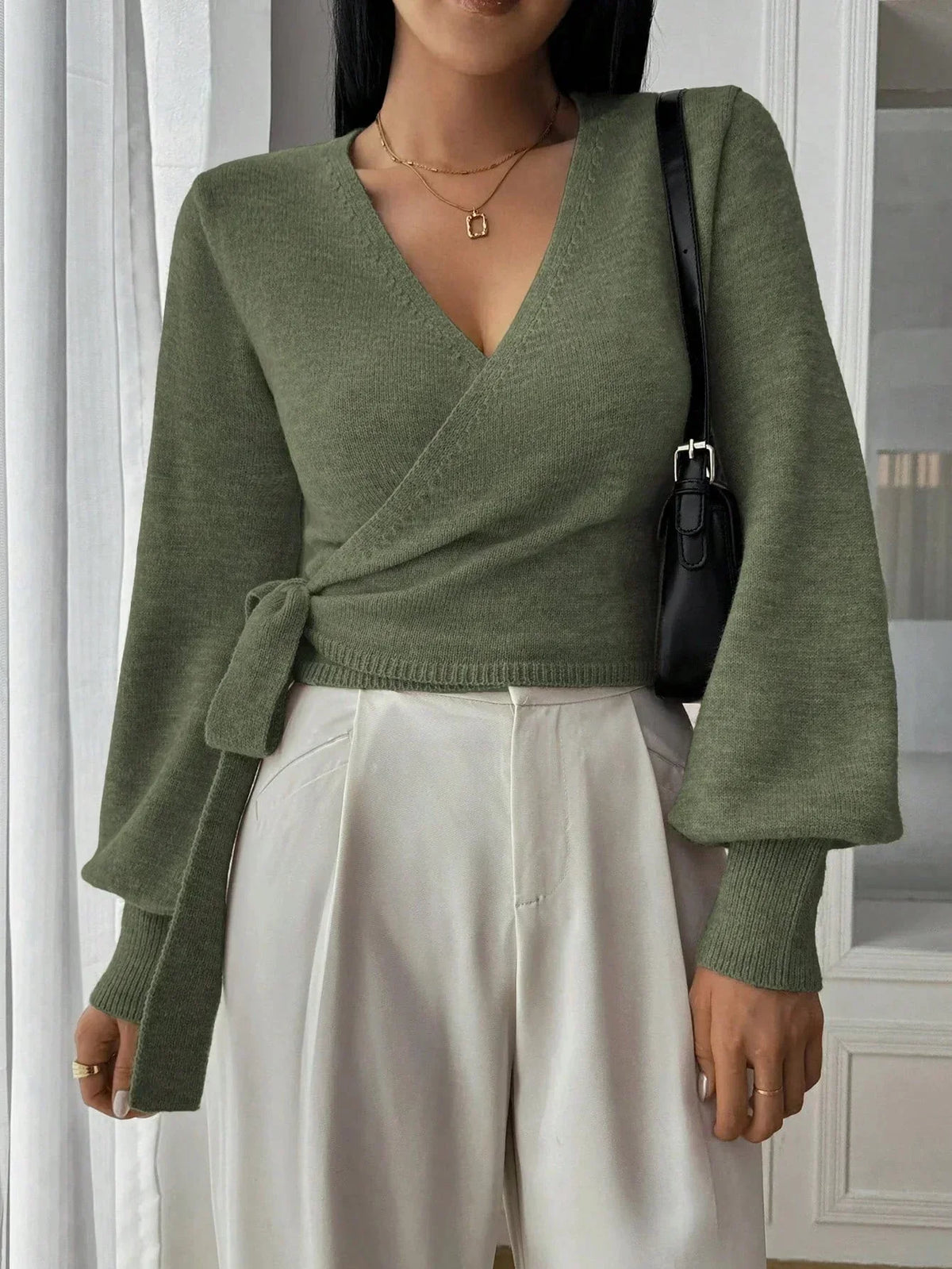 Wrap Tie Waist Knit Sweater