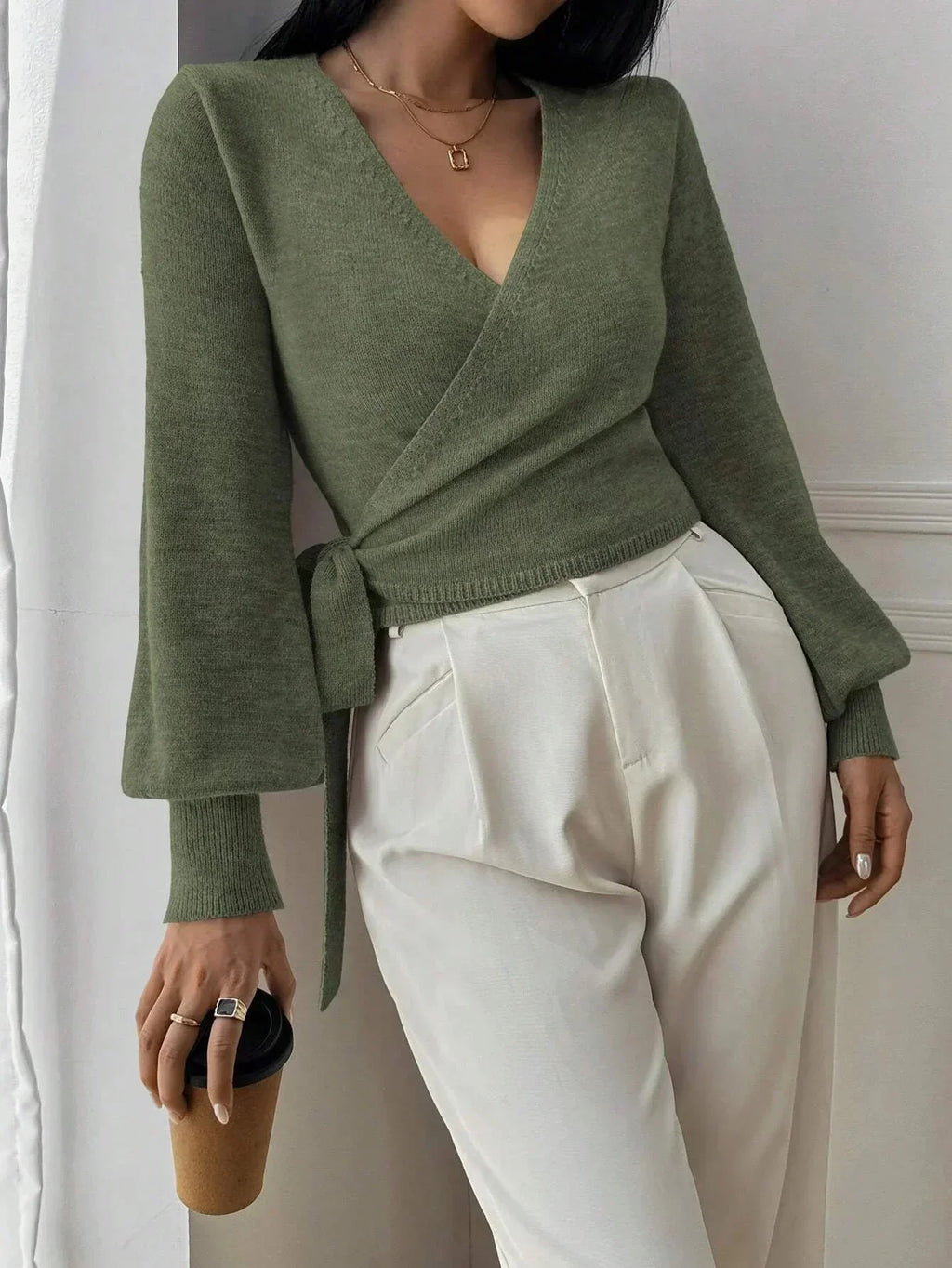 Wrap Tie Waist Knit Sweater