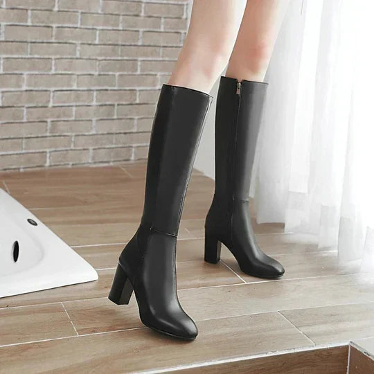 Women's Block Heel Knee-High Boots with Side Zip