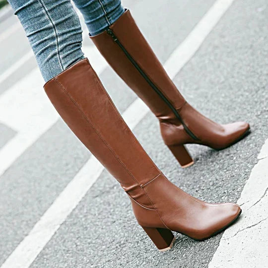 Women's Block Heel Knee-High Boots with Side Zip
