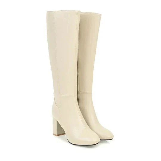Women's Block Heel Knee-High Boots with Side Zip